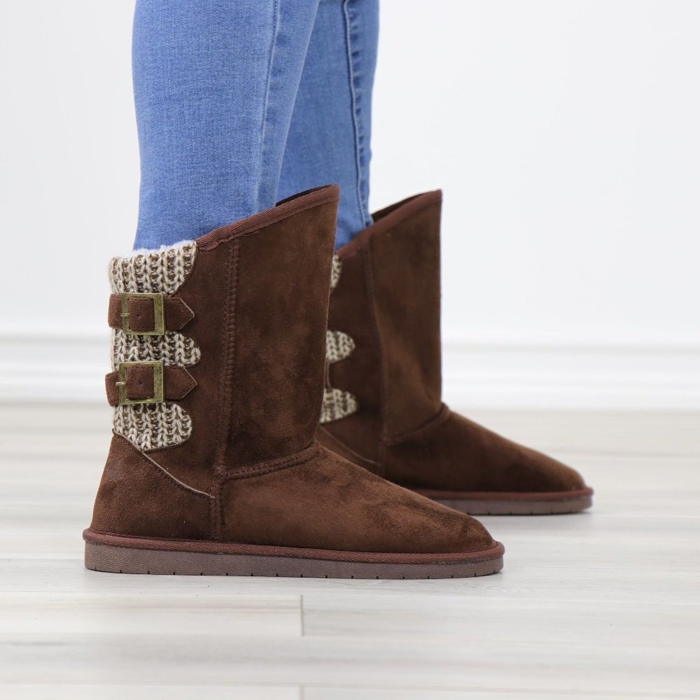 Brown Winter Warm Sherpa Lining Inside  No Heel Mid Calf Flat Boots - Picture 3 of 11